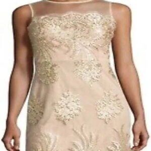 Donna Ricco Mesh Midi sleeveless Embroidered Lace Gold Overlay
